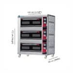 Key Features: 3 Deck, 6 Tray Capacity: Each deck holds two trays, enabling simultaneous baking of multiple items for maximum productivity. Gas-Powered Efficiency: Provides rapid preheating and consistent temperature control, ensuring cost-effective and energy-efficient performance. Even Heat Distribution: Guarantees uniform baking results, perfect for pizzas, bread, cakes, and pastries. Independent Deck Controls: Each deck operates independently with adjustable temperature settings, allowing for versatile baking of different items at the same time. Robust Construction: Crafted from stainless steel for durability, easy cleaning, and a sleek, professional look. User-Friendly Operation: Simple controls for temperature and timing make it easy to achieve precision baking, even in busy kitchens. Large Capacity in a Compact Design: Optimized to handle high-volume output without occupying excessive kitchen space.